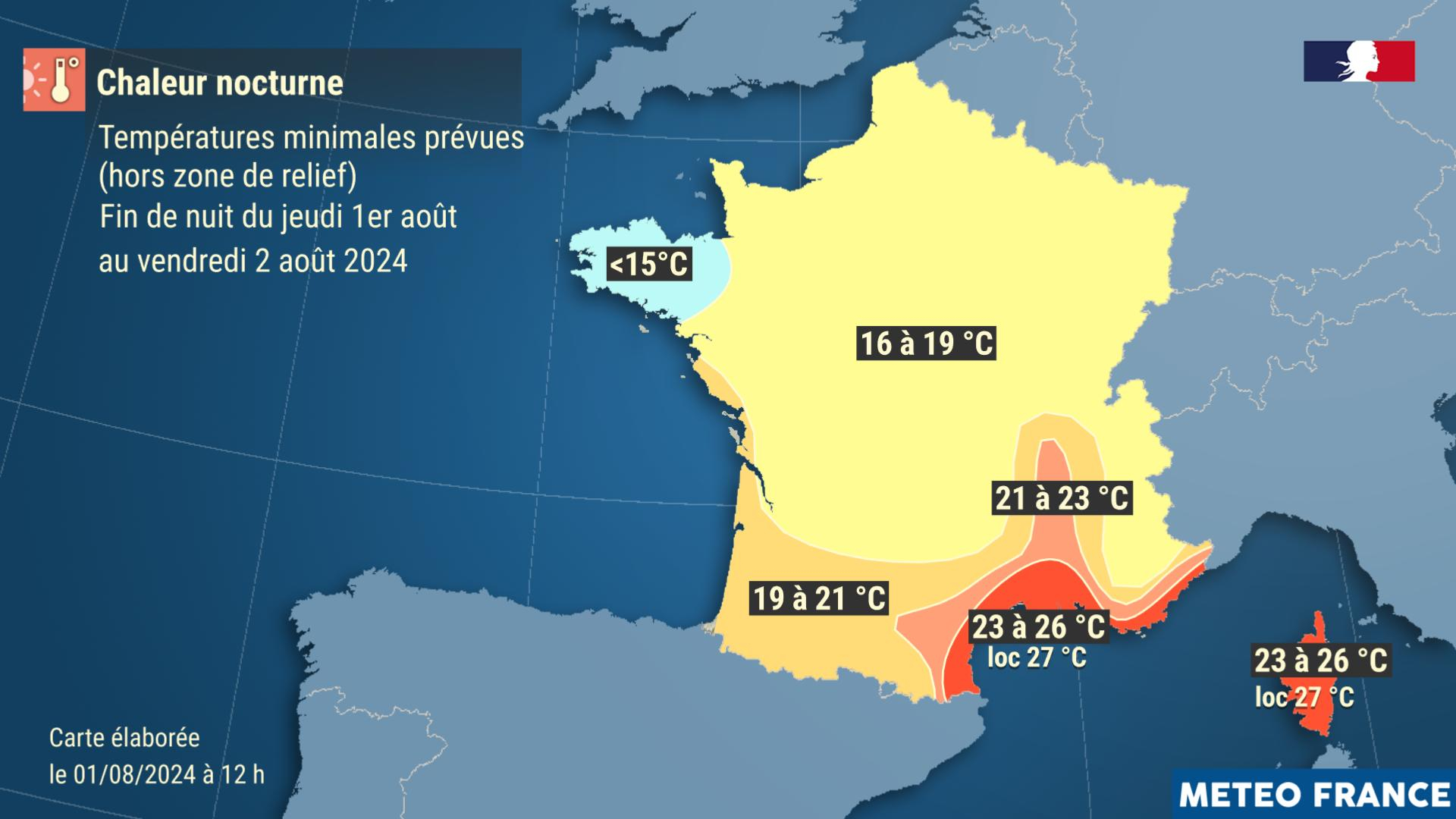 Températures minimales prévues le vendredi 2 août 2024. © Météo-France