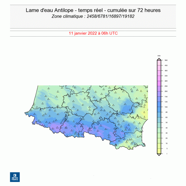 Lame d’eau antilope et cumuls de pluies sur 72 heures, entre le 8 janvier à 7h et le 11 janvier 2022 à 7h. © Météo-France.