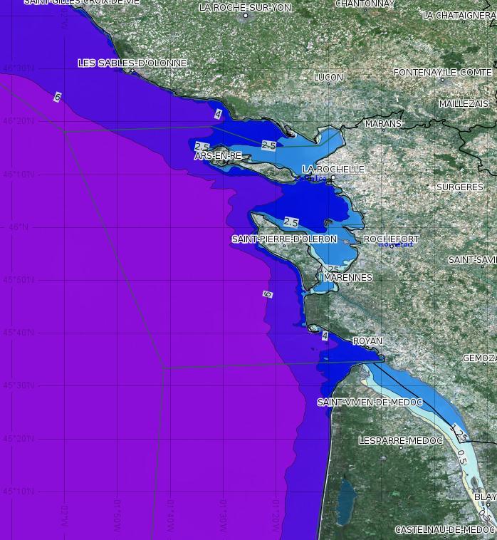 Modélisation des états de mer sur la zone Gironde-Pertuis charentais :   telle qu'elle est aujourd'hui simulée (résolution jusqu'à 200 m à la côte, modèle WW3 co-développé avec le Shom dans le cadre du projet Homonim) © Météo-France