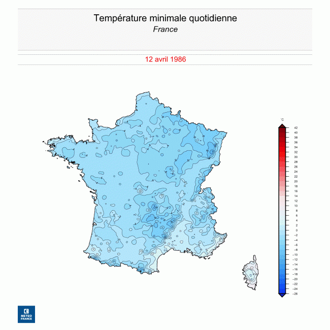 Températures minimales observées en France le 12 avril 1986. © Météo-France.