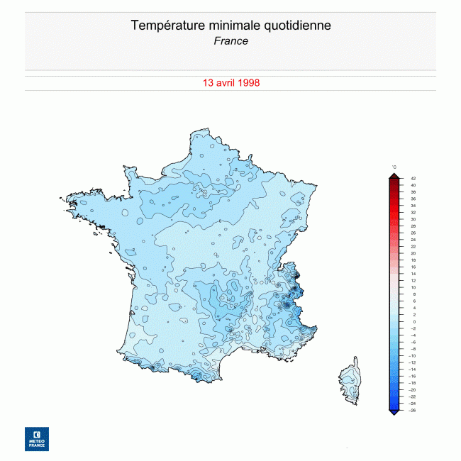 Températures minimales observées en France le 13 avril 1998. © Météo-France.