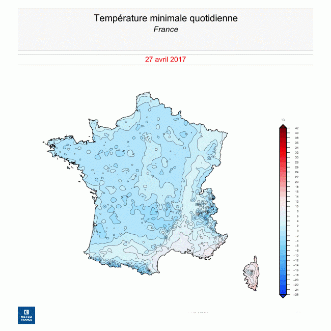 Températures minimales observées en France le 27 avril 2017. © Météo-France.