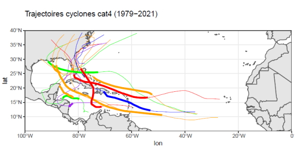 Trajectoires des ouragans de catégorie 4 ou plus ayant touché la Floride depuis 1979. © Météo-France.