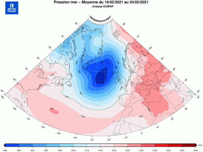 Pression réduite au niveau de la mer, moyenne du 16 au 24 février 2021 sur l'Europe. © Modèle du Centre européen pour les prévisions météorologiques à moyen terme, développé en partenariat avec Météo-France.