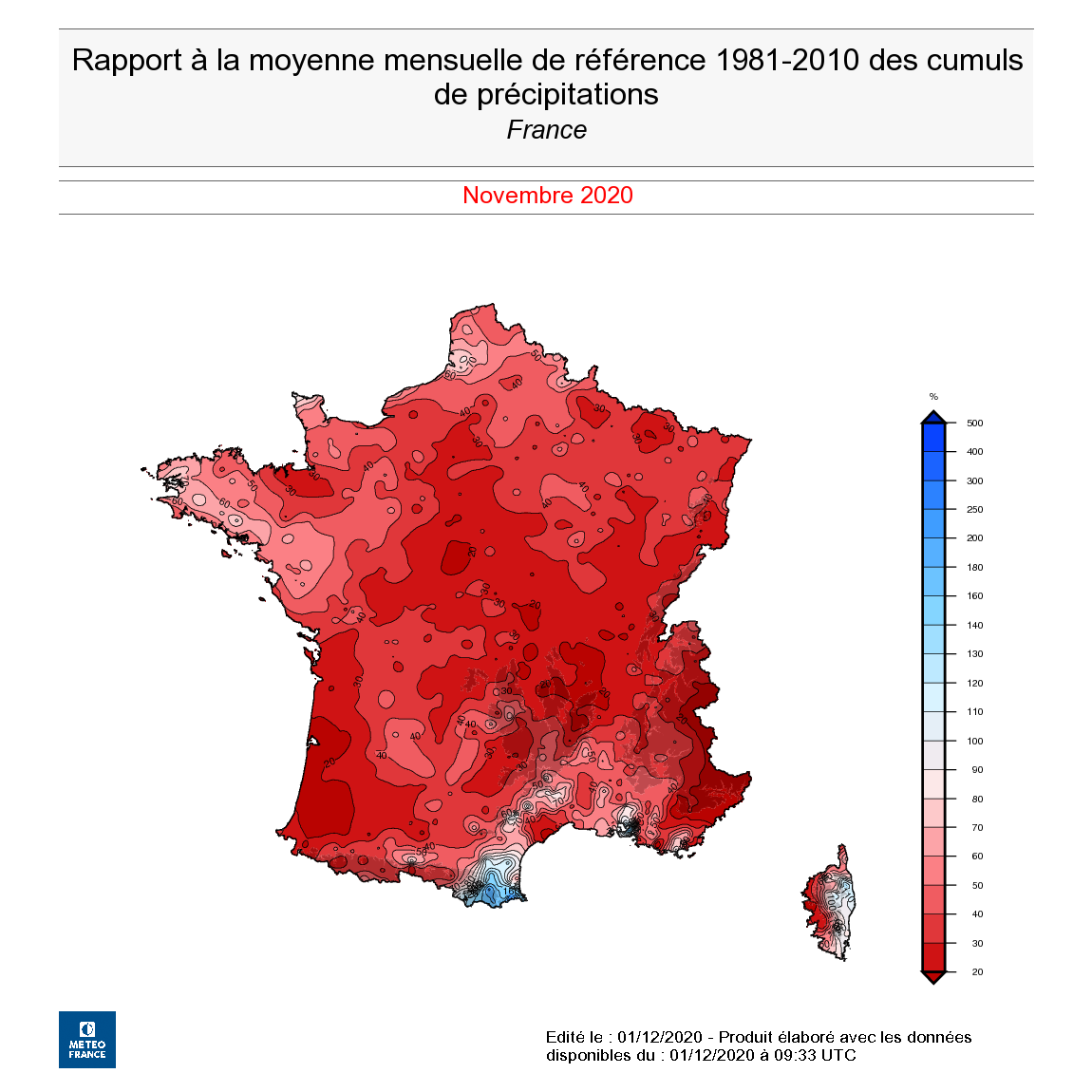 Rapport à la moyenne mensuelle de référence 1981-2010 des cumuls de précipitations en France en novembre 2020. © Météo-France.