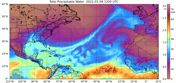 Le cours d’une rivière atmosphérique (9 janvier 2022 à la mi-journée), prenant sa source dans les Caraïbes. © CIMSS, NOAA's Cooperative Institute for Meteorological Satellite Studies.