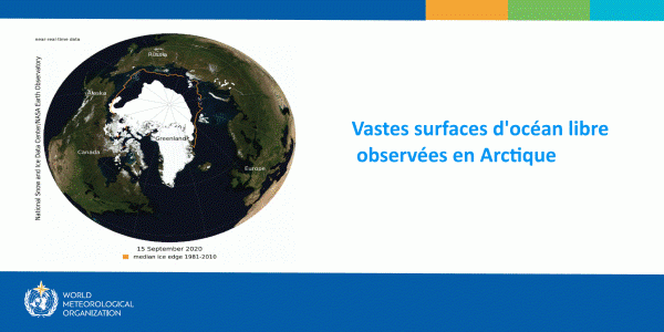 Étendue de la calotte polaire arctique libérant de vastes surfaces d'océan libre en 2020. © OMM.