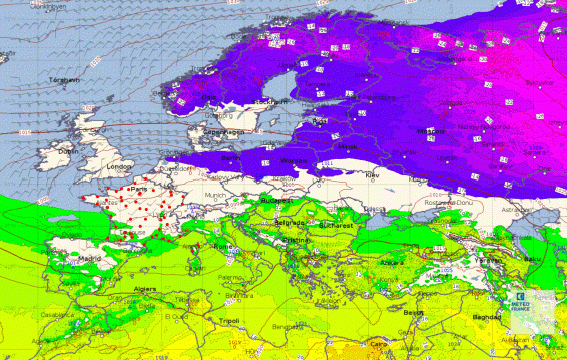 Températures prévues le mardi 9 février à 13 heures (en teintes de bleu/mauve, les valeurs inférieures à -8 °C, en teintes vert/jaune, celles supérieures à +8 °C) avec isobares et flèches de vent. © Modèle du Centre européen pour les prévisions météorologiques à moyen terme, développé en partenariat avec Météo-France.