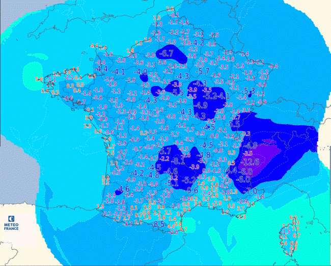 Températures minimales observées dans la nuit du 6 au 7 avril 2021. © Météo-France.