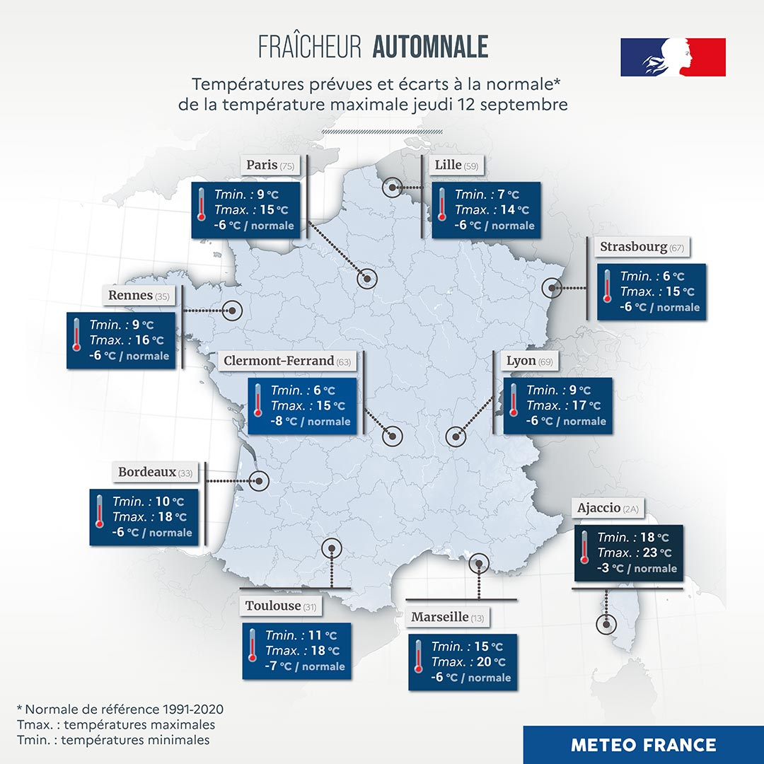 Températures et écarts à la normales prévus jeudi 12 septembre 2024 © Météo-France