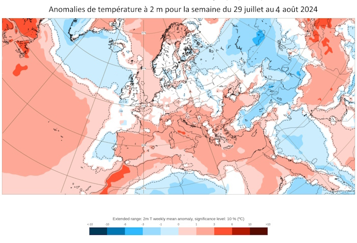 Anomalie de température à 2 mètres prévue par le modèle CEP sur la semaine du 29 juillet au 4 août © CEPMMT