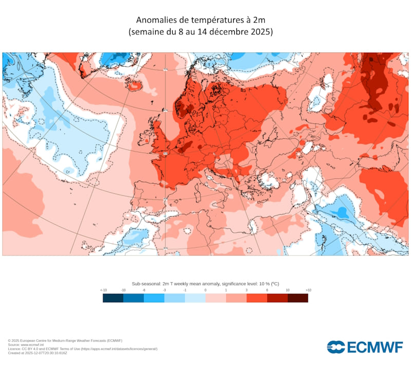 Anomalies température prévues en Europe du 8 au 14 décembre 2025 @modèle CEPMMT