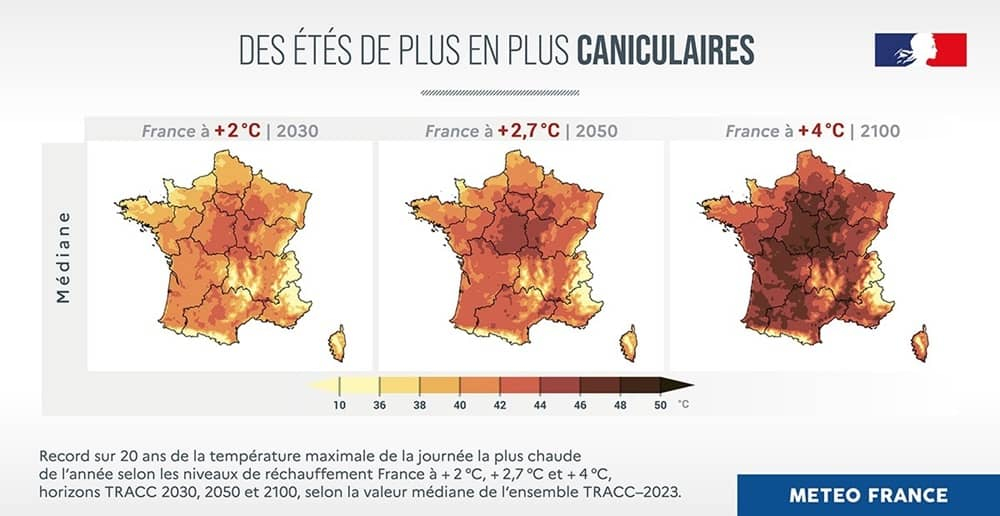 Cartes de France des records de chaleur en 2030, 2050 et 2100