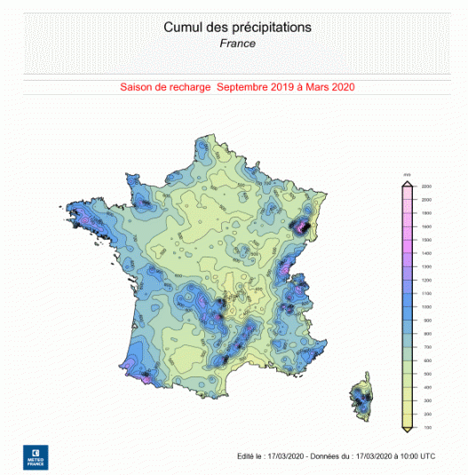 Cumuls de précipitations pendant la saison de recharge entre septembre 2019 et mars 2020