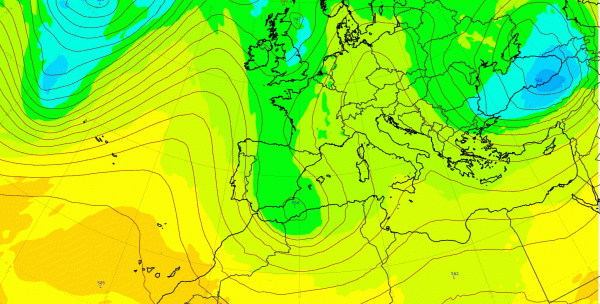 Géopotentiels à 500 hPa le mercredi 13 avril 2022 à 09 UTC. On voit la goutte froide entre l'Espagne et l'Algérie, qui engendre la remontée. © Météo-France.