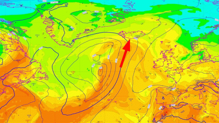 Pression réduite au niveau de la mer et masse d'air le 25 août sur l'Atlantique nord. © Météo-France.