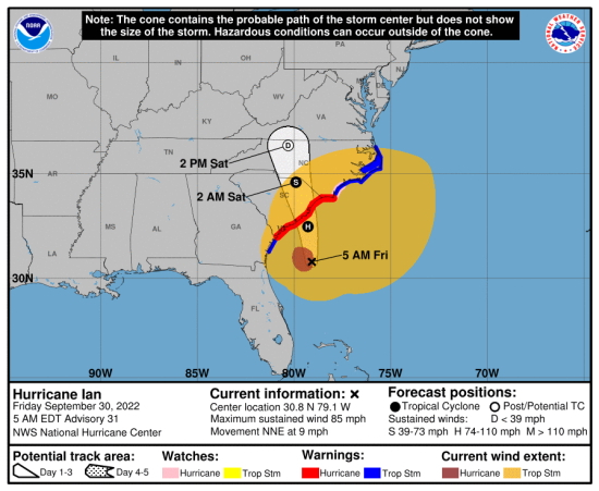 Trajectoire prévue de Ian. © NOAA/NHC.