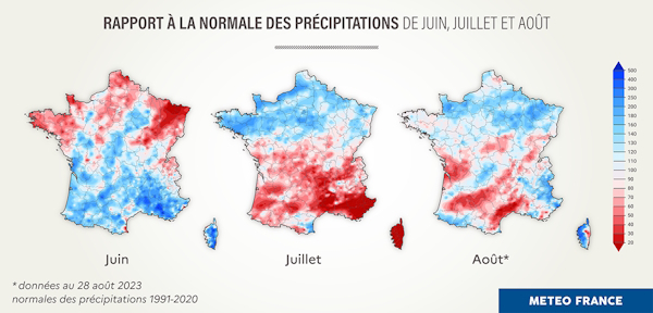 Rapport à la normale des précipitations de juin, juillet et août 2023. © Météo-France