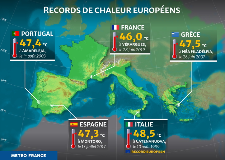 Quelques records nationaux de chaleur. © Météo-France.