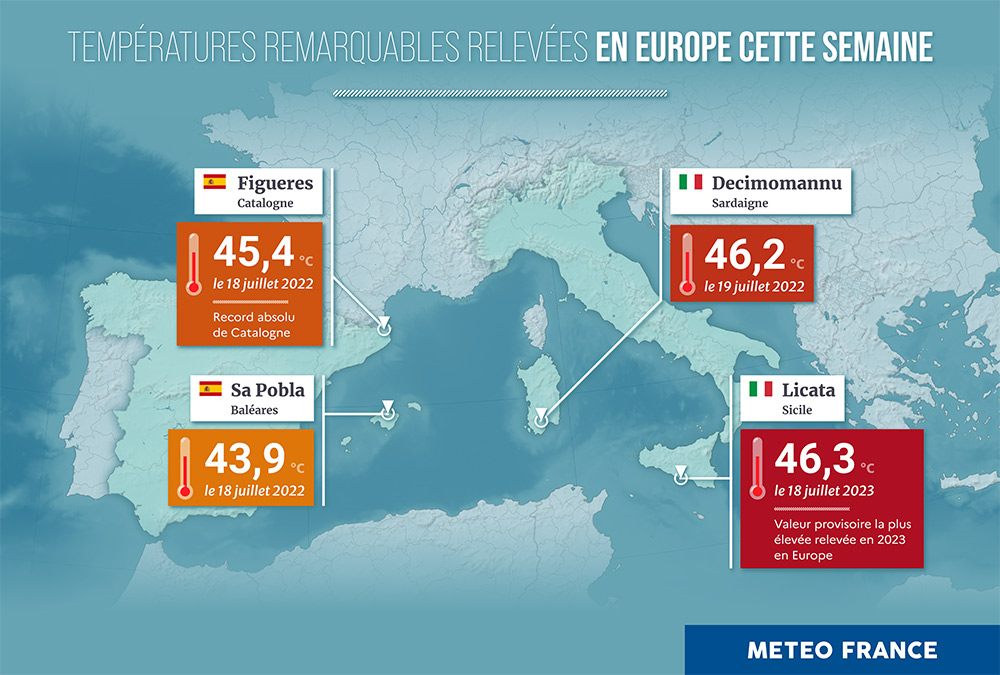 Températures remarquables en Europe cette semaine. © Météo-France
