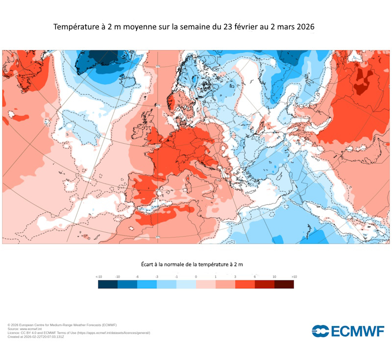 Anomalie de température à 2 mètres prévue par le modèle CEP sur la semaine du 23 février au 2 mars © CEPMMT
