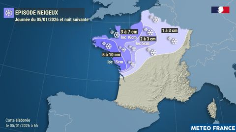 Episode neigeux : prévision pour lundi 5 janvier 2026 et la nuit suivante.